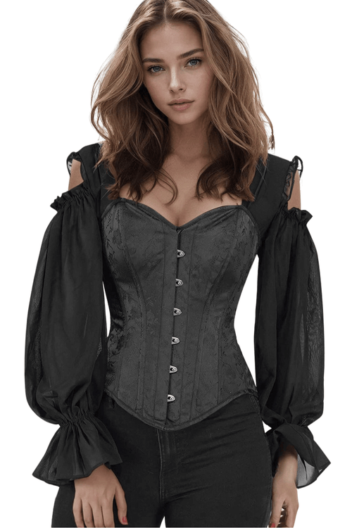 Elegant Cold Shoulder Brocade Corset Top with Sleeves