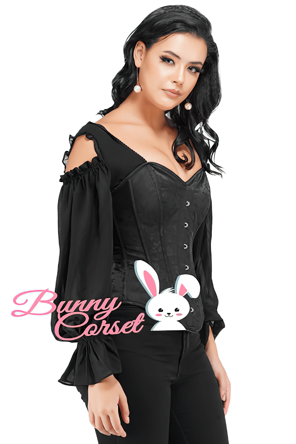 Elegant cold shoulder brocade corset top with chic sleeves for a gothic-inspired look.