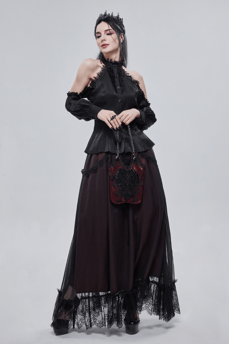 Elegant gothic outfit featuring a peplum top and long skirt with lace, accessorized by a stylish bucket bag.