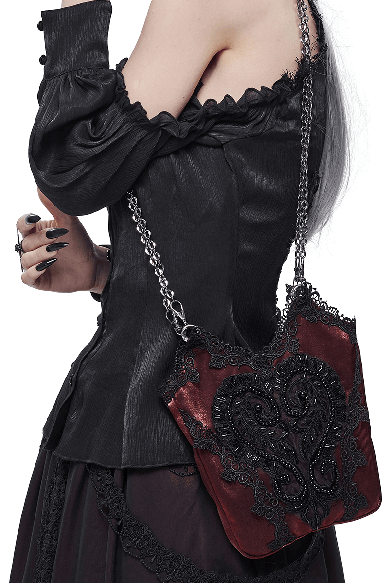 Elegant Comfy Floral Bucket Bag / Gothic Bag With Black Guipure and Chain - HARD'N'HEAVY