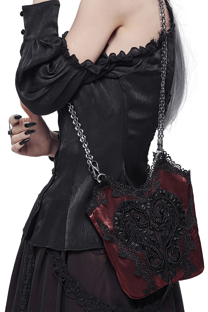 Elegant gothic women's red bag with black guipure, chain strap, and vintage flair, perfect for any outfit.