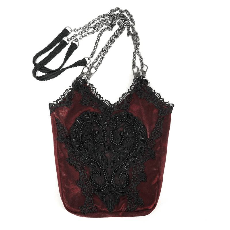 Elegant red floral bucket bag with black guipure and chain, perfect gothic accessory for stylish outfits.
