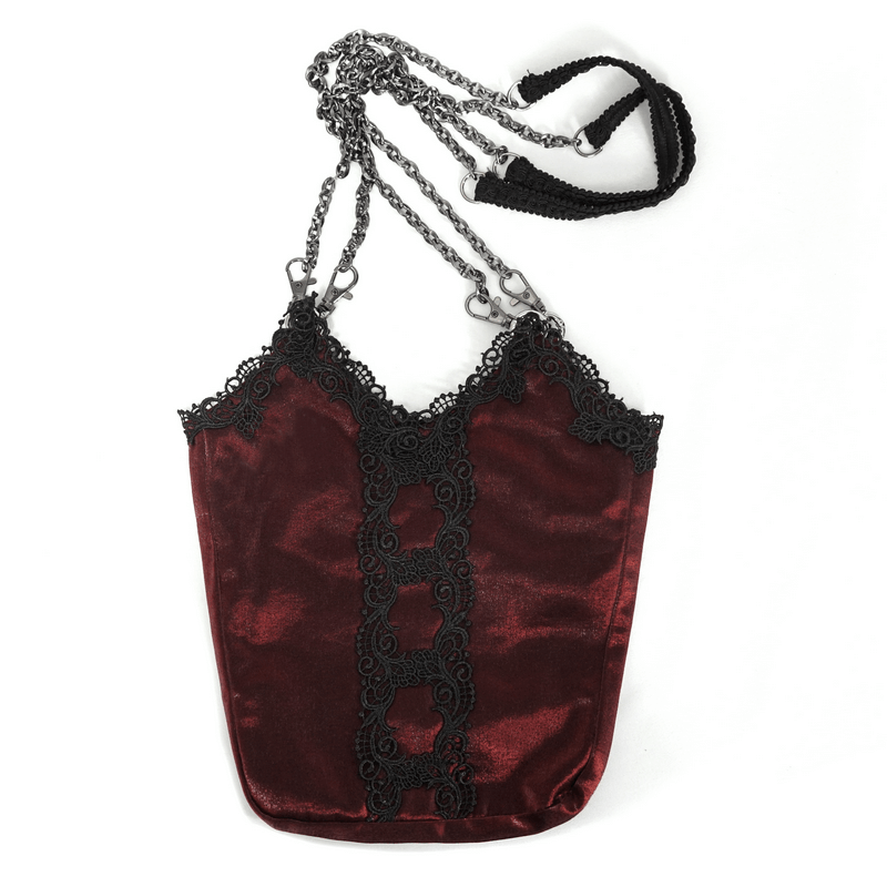 Elegant red floral bucket bag with black guipure and chain, perfect gothic accessory for stylish outfits.