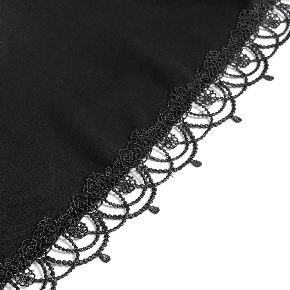 Detailed black lace trim with intricate floral patterns and beaded accents, perfect for gothic fashion.