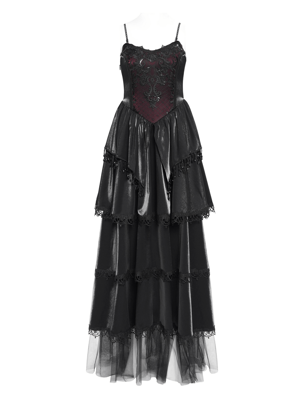 Elegant black Victorian maxi dress with corset back, layered skirt, lace trim, and intricate embroidery.