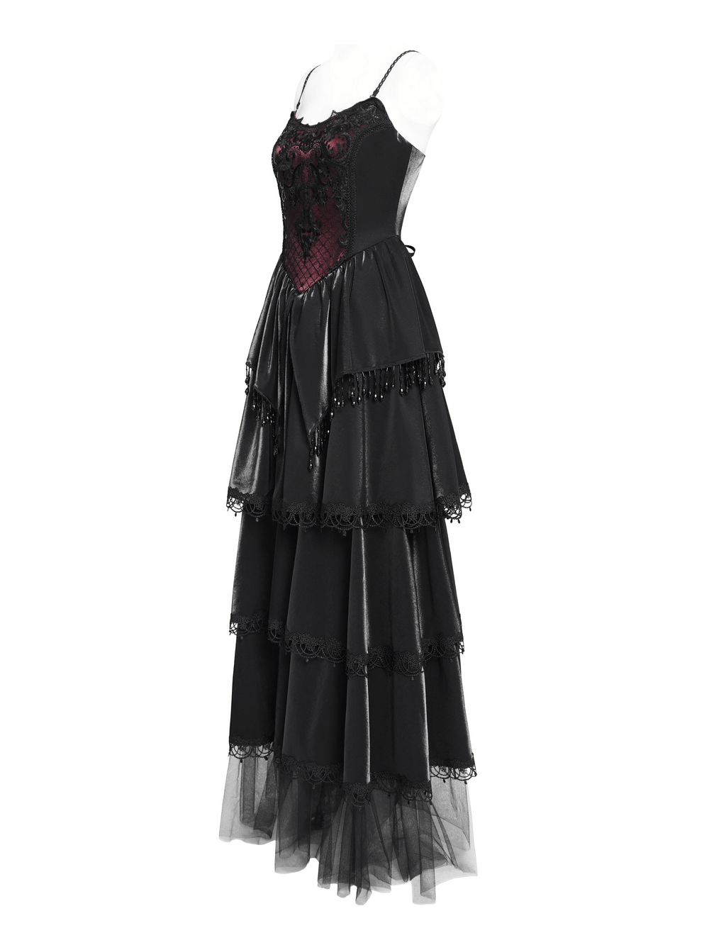 Elegant black Victorian corset dress with layered mesh skirt and lace trim, perfect for gothic fashion.