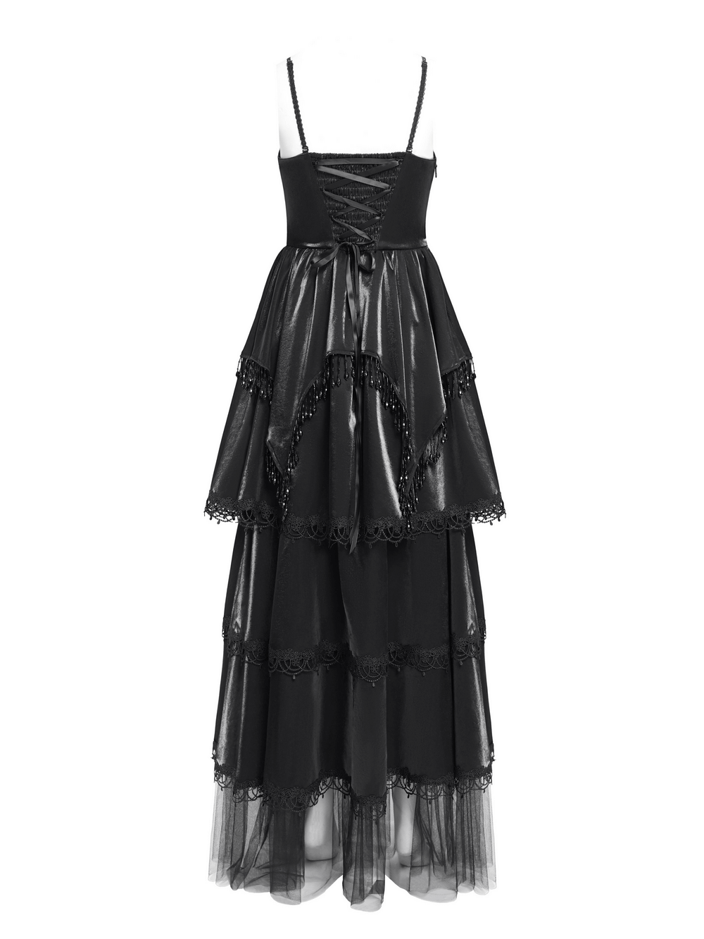 Back view of an elegant black corset dress with layered lace and beaded trim, perfect for gothic Victorian style.