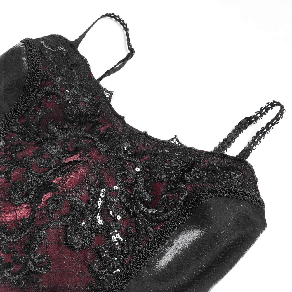 Elegant corset dress featuring intricate lace and sparkling beaded trim in deep red and black.