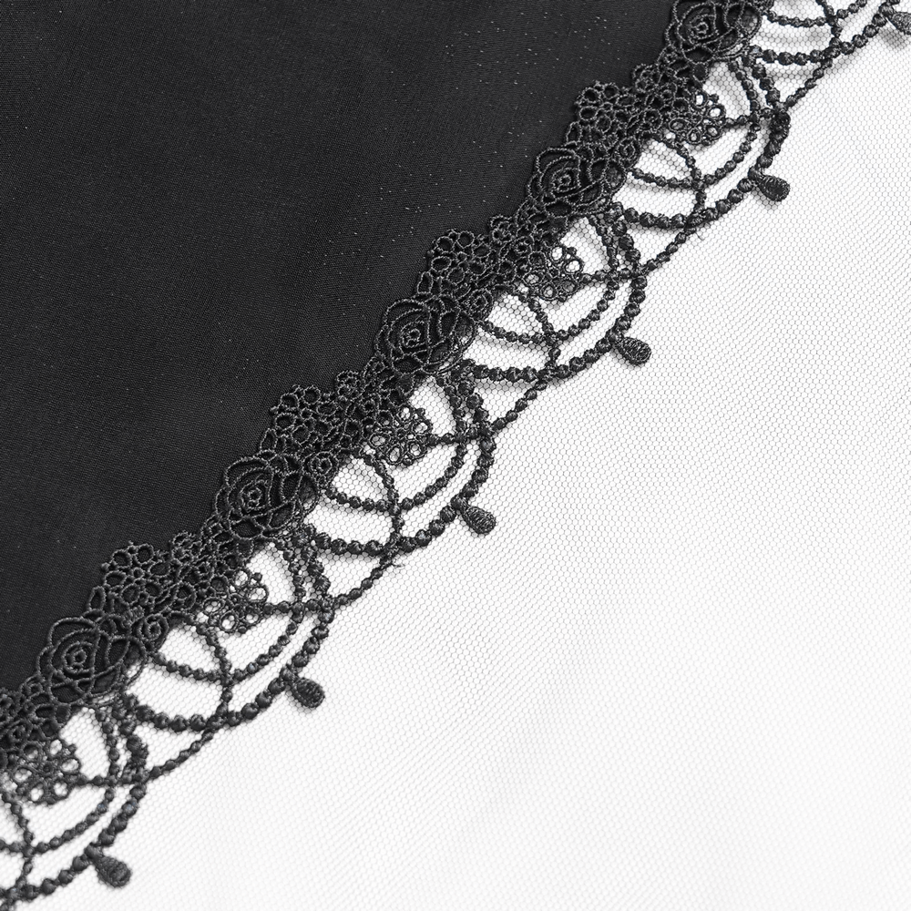 Close-up of intricate black lace trim with beaded accents, perfect for enhancing elegant and gothic designs.