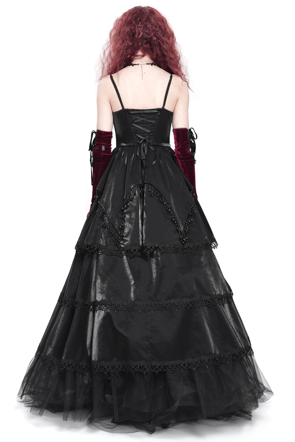 Back view of an elegant black corset dress featuring lace layers and a tiered skirt, perfect for gothic-inspired elegance.
