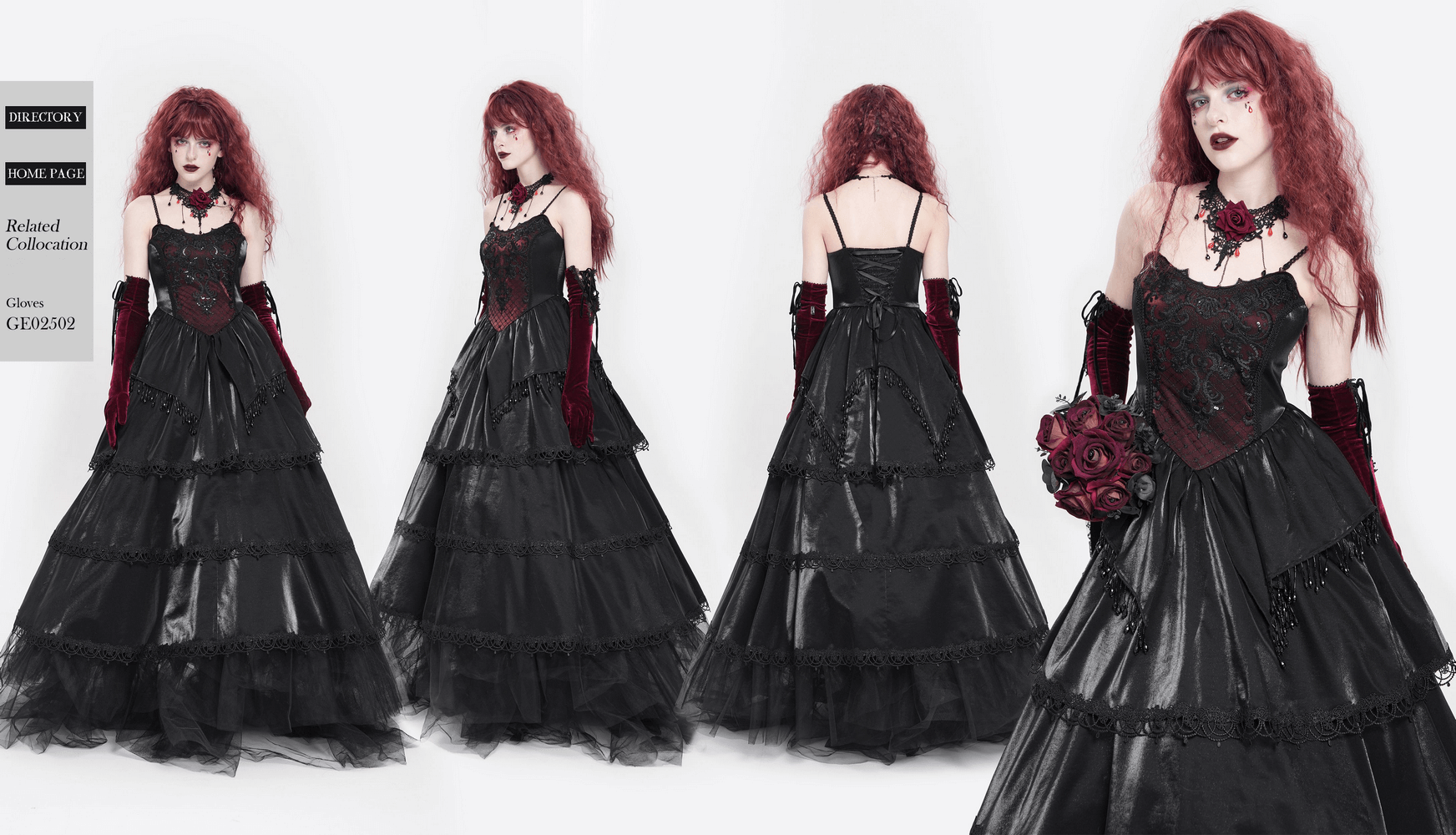 Elegant black corset maxi dress with lace layers and beaded accents, perfect for gothic or Victorian-inspired looks.