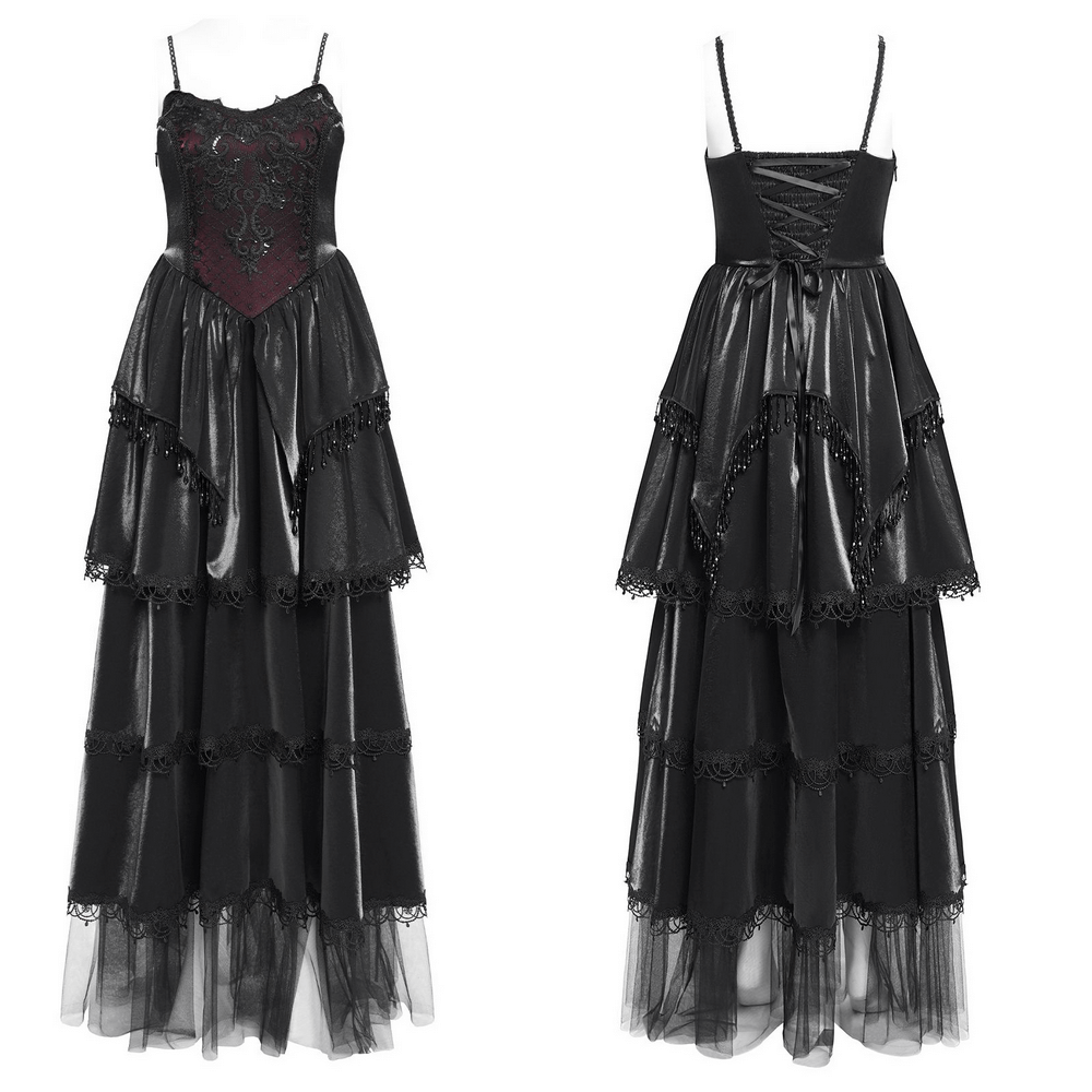 Elegant black corset maxi dress with layered lace skirt and beaded trim, perfect for gothic fashion lovers.