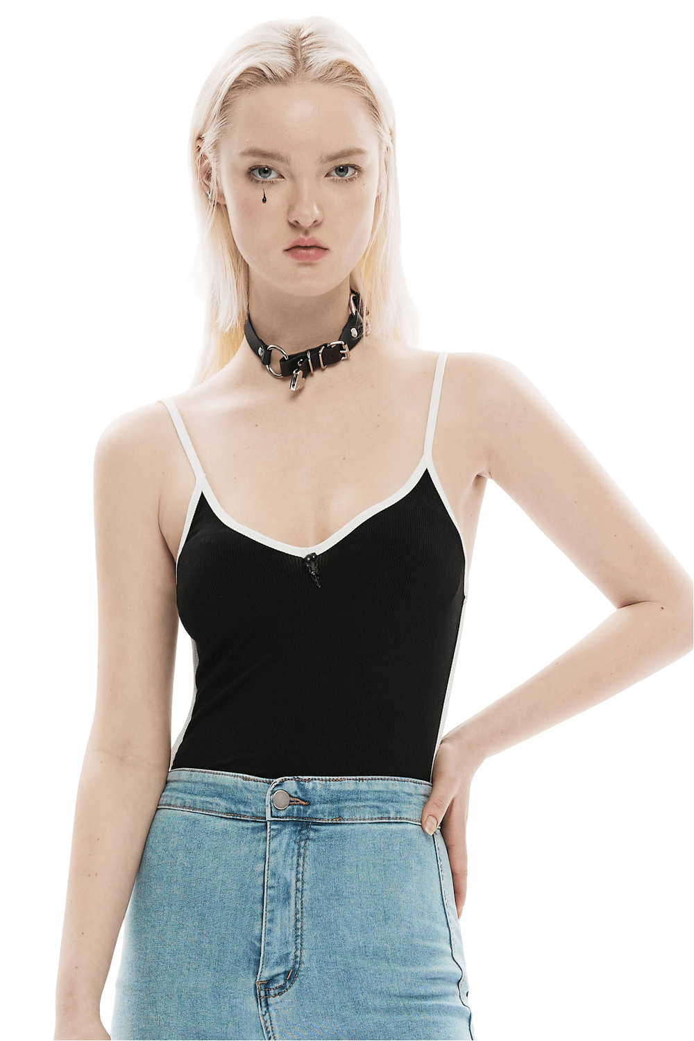 Elegant crow buckle camisole in black and white contrast design, perfect for modern fashion enthusiasts.