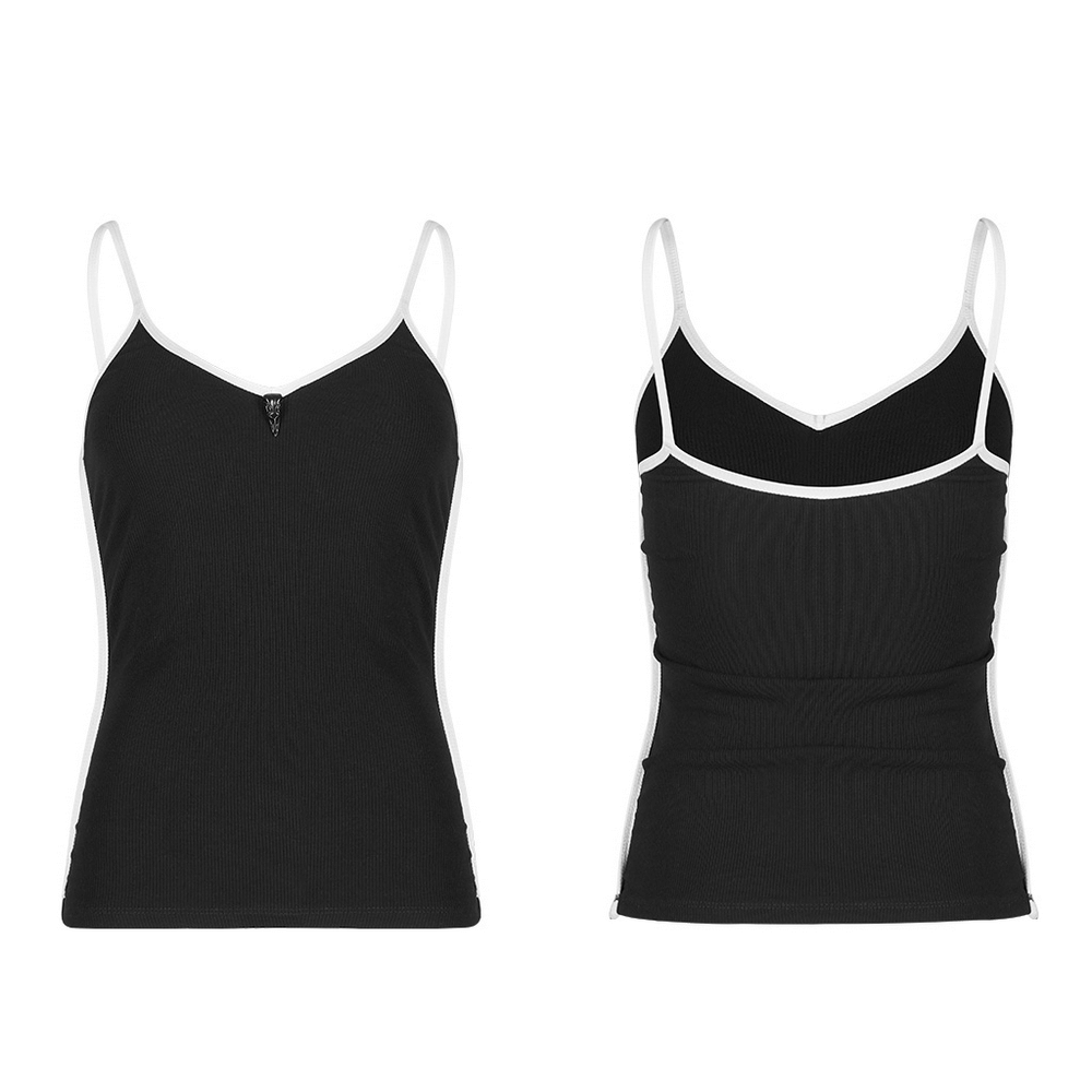 Elegant crow buckle camisole in black and white contrast design, featuring a snug fit and stylish aesthetic.