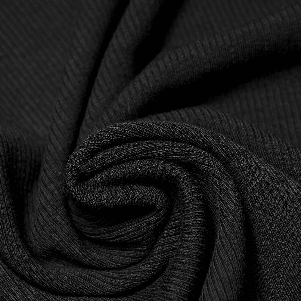 Close-up of soft black knitted fabric, showcasing elasticity and texture for stylish camisole designs.