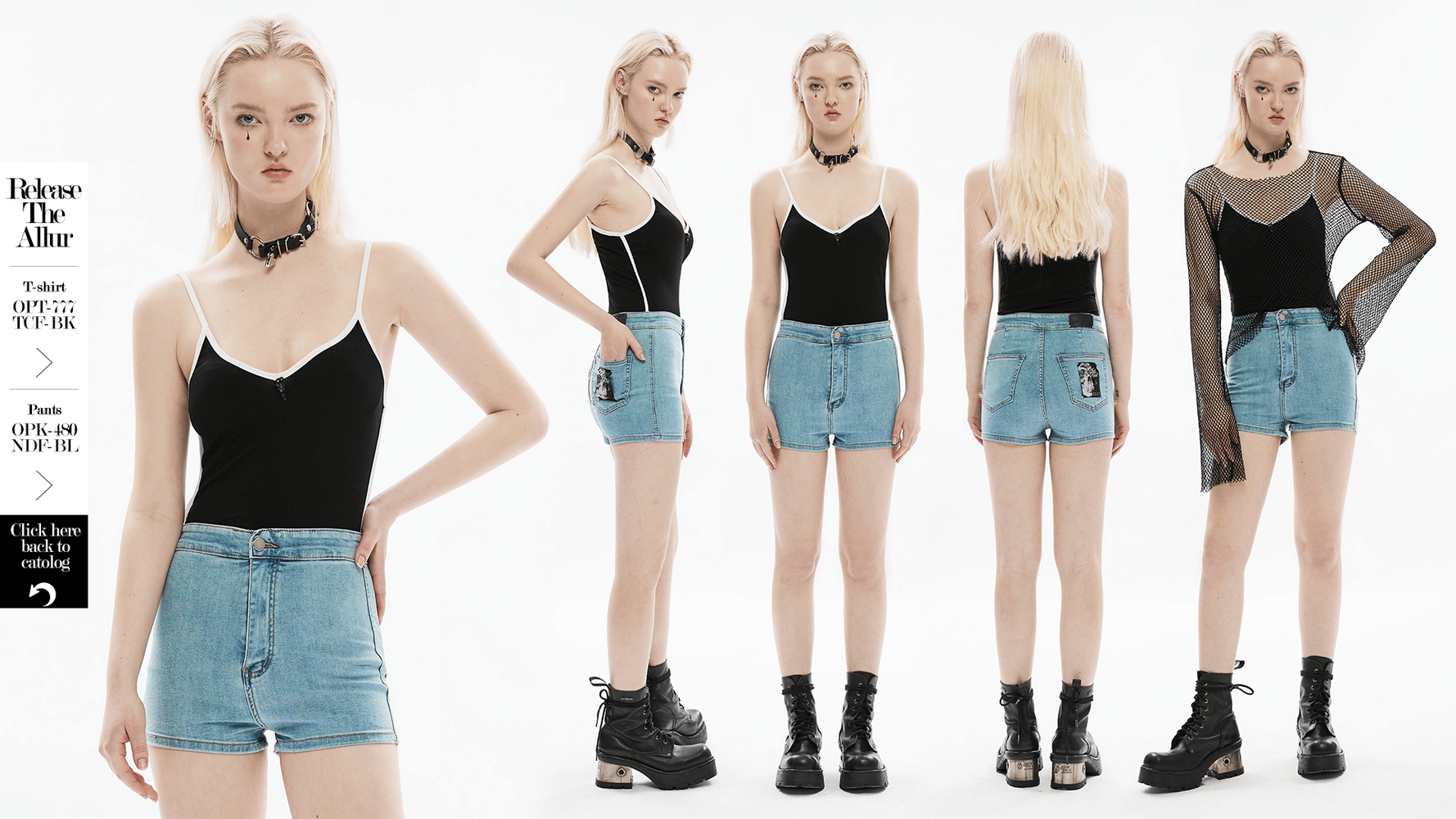 Model showcasing a stylish camisole with black and white contrast and denim shorts, exuding modern fashion vibes.
