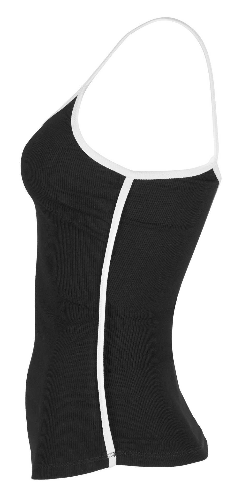 Elegant black camisole with white contrast detailing and adjustable straps, perfect for stylish casual wear.