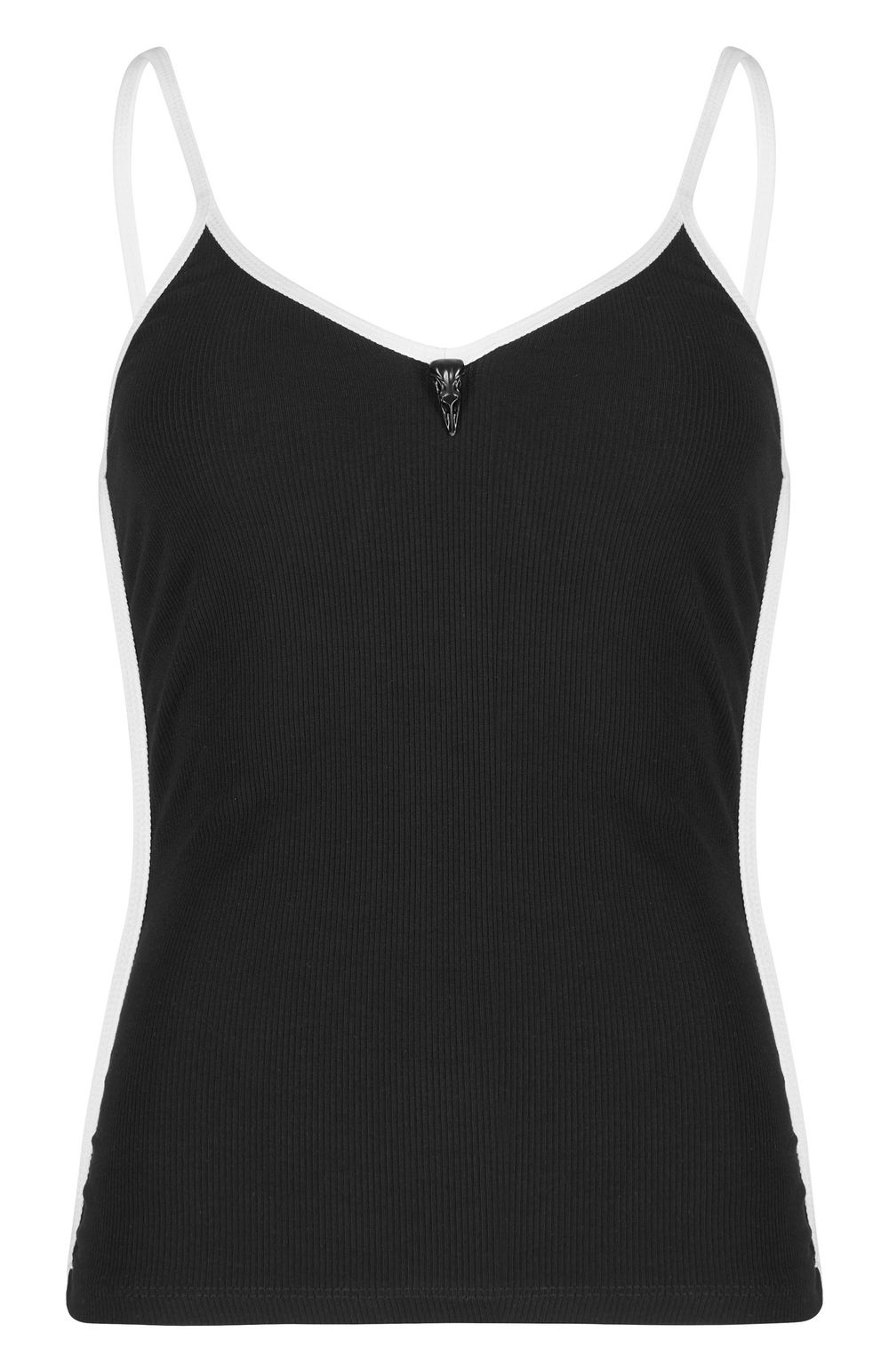 Elegant black camisole with white contrast and crow buckle detail for modern fashion flair.