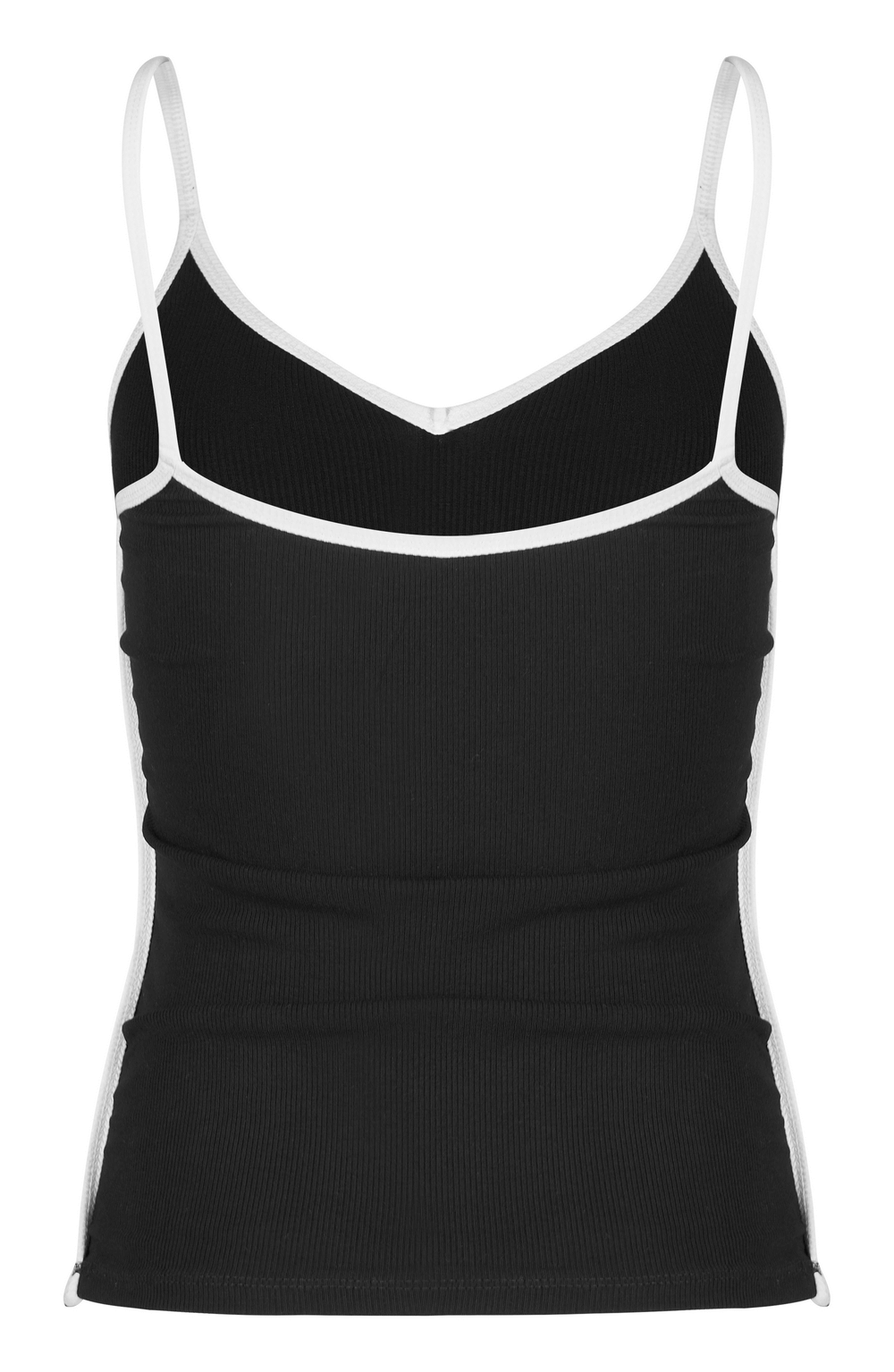 Elegant black and white camisole with crow buckle, showcasing modern contrast design and snug fit.