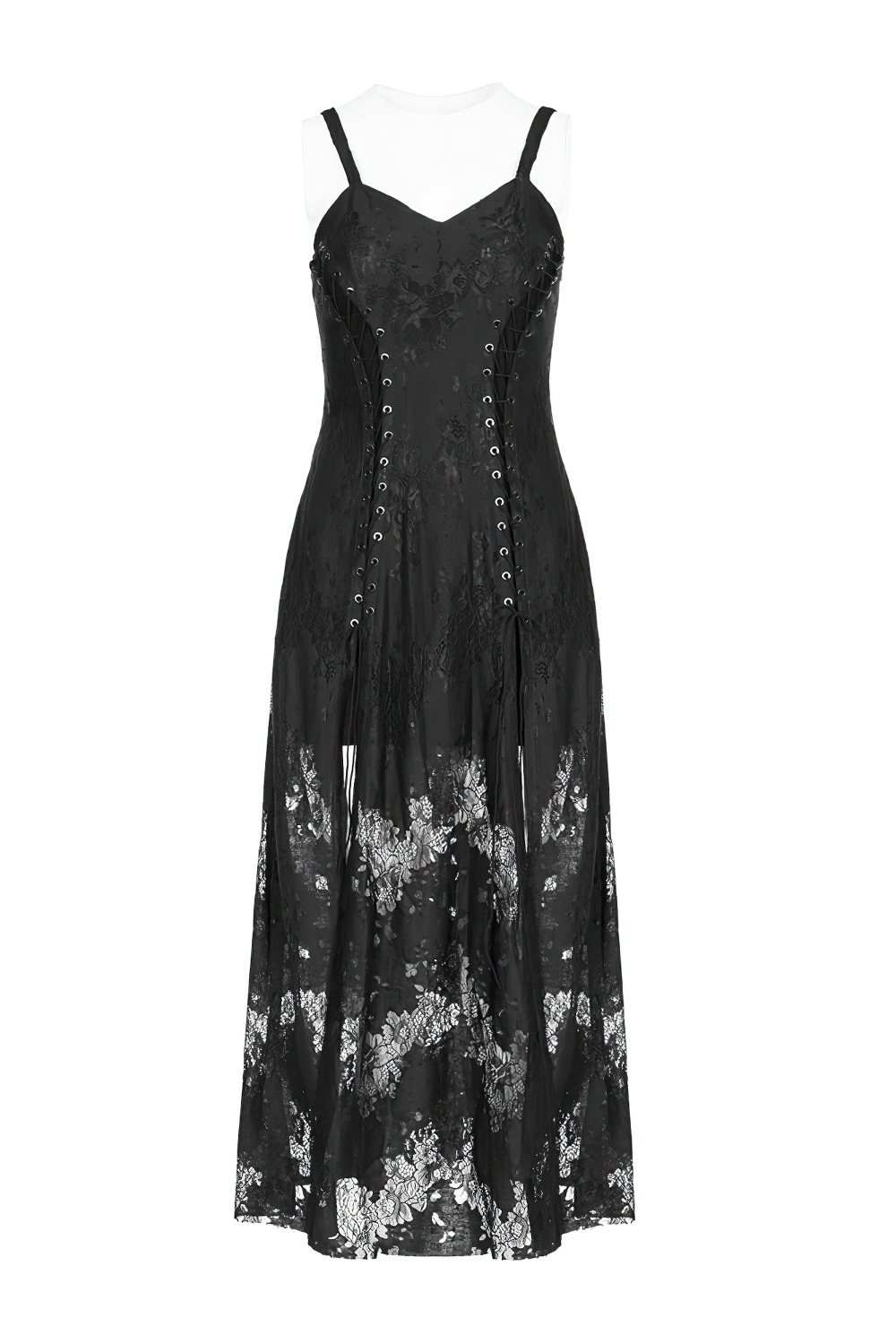 Elegant black Gothic lace strap dress with tie rope design and multi-slice slit for a dramatic punk look.