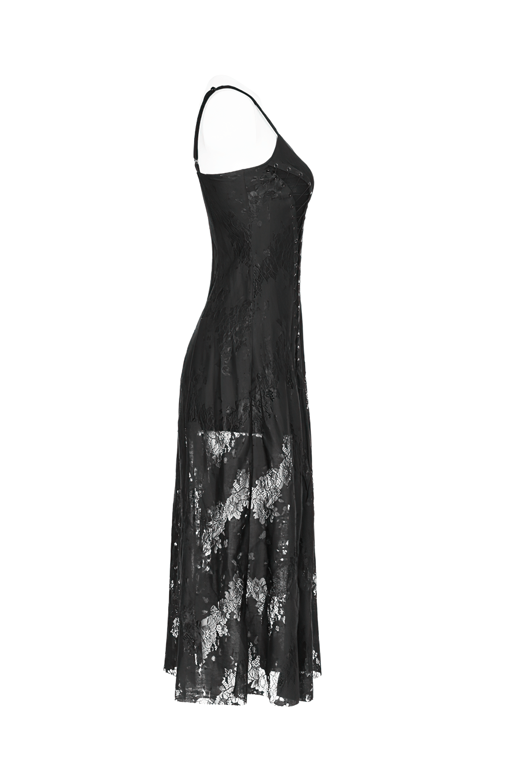 Elegant dark Gothic lace strap backless dress featuring side cutouts and a flowing design for a punk rave look.