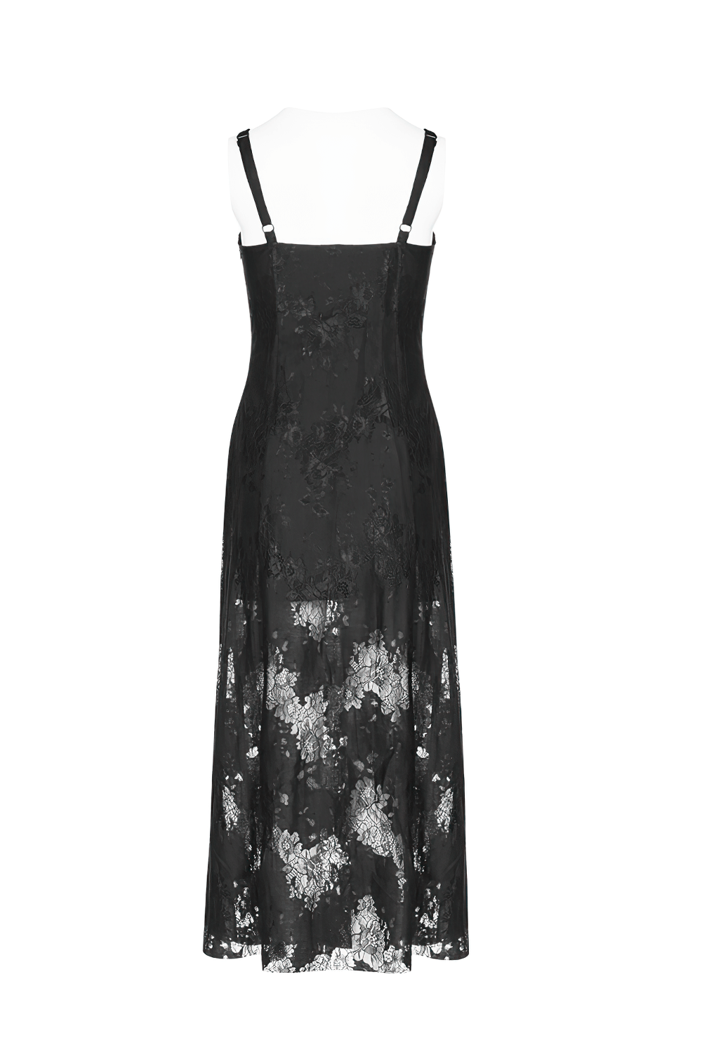 Back view of an elegant dark Gothic lace strap backless dress with intricate floral details and a flowing design.
