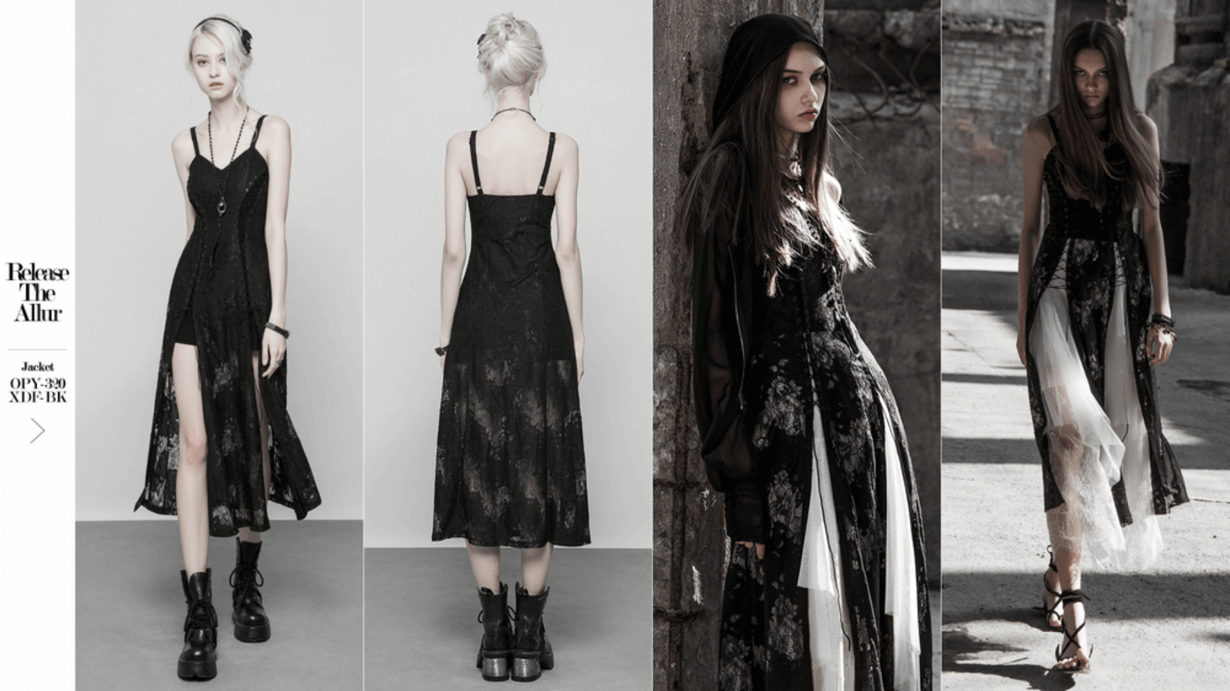 Elegant dark gothic lace strap backless dress with lace and slit design, perfect for a punk fashion statement.