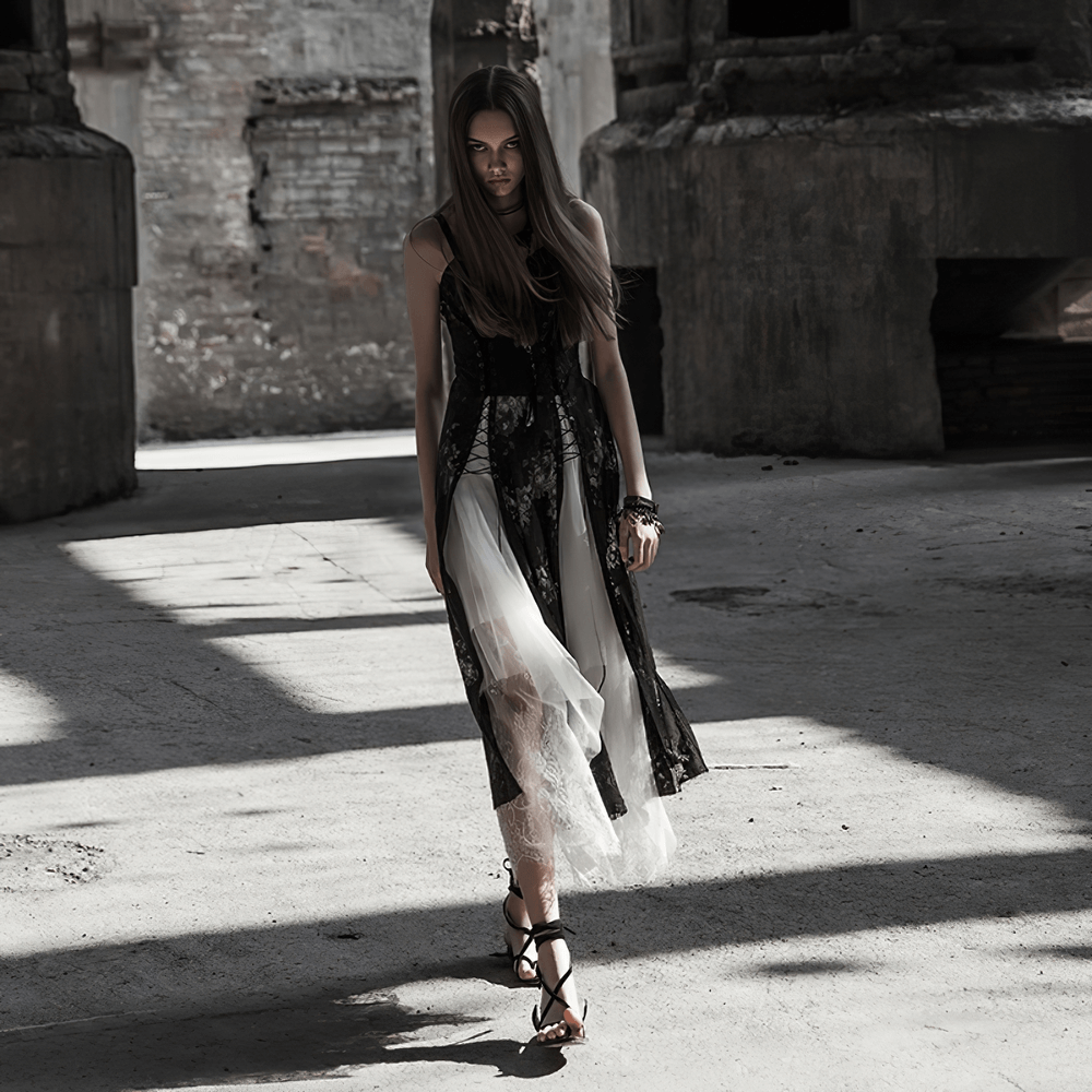 Gothic lace strap backless dress showcased in an industrial setting, exuding elegance and dark allure.