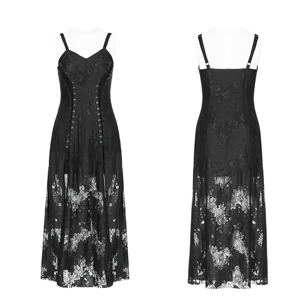 Elegant dark Gothic lace strap backless dress featuring slit design and lace detailing for a punk rave style.