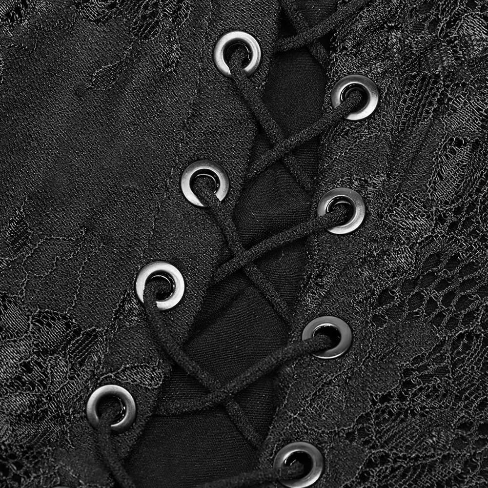Close-up of dark gothic lace with intricate rope tie design, showcasing a stylish punk rave aesthetic.