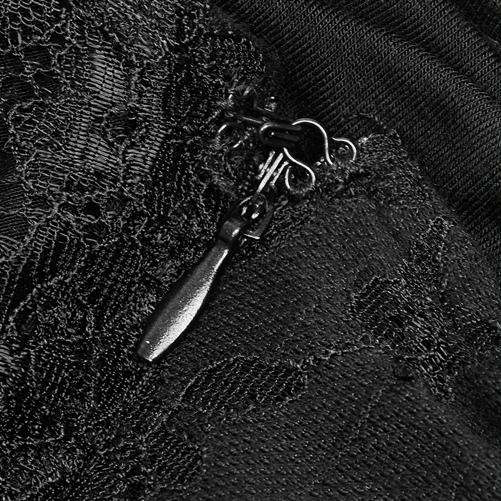 Close-up of the elegant black lace and zipper detail on the Gothic backless dress, showcasing its intricate design.