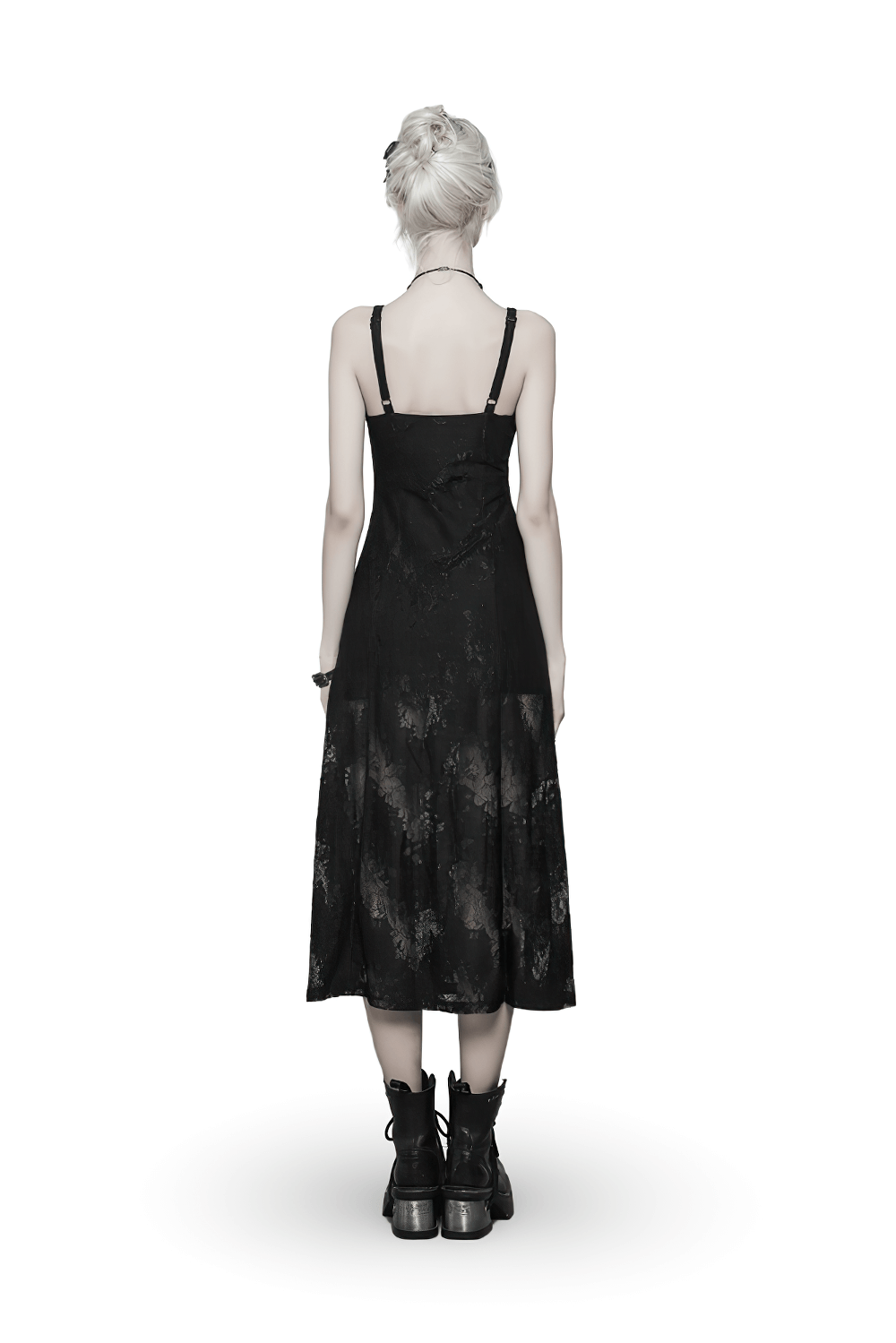 Back view of an elegant dark Gothic lace strap dress, featuring a flowing silhouette and lace detailing.