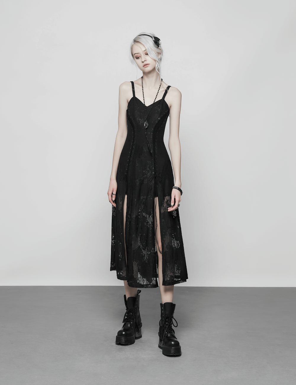 Elegant dark Gothic lace strap backless dress with slit, perfect for bold fashion statements.