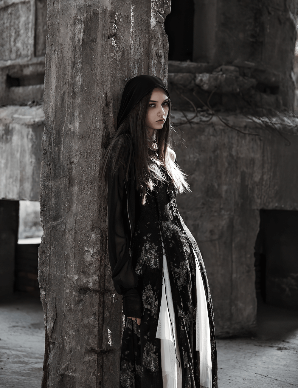 Model wearing an elegant dark Gothic lace strap backless dress in an abandoned industrial setting.