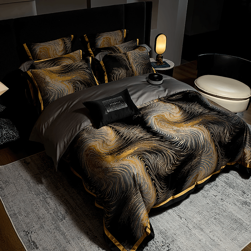 Elegant Egyptian Cotton Bedding Set with Marble Pattern in luxurious black and gold design.