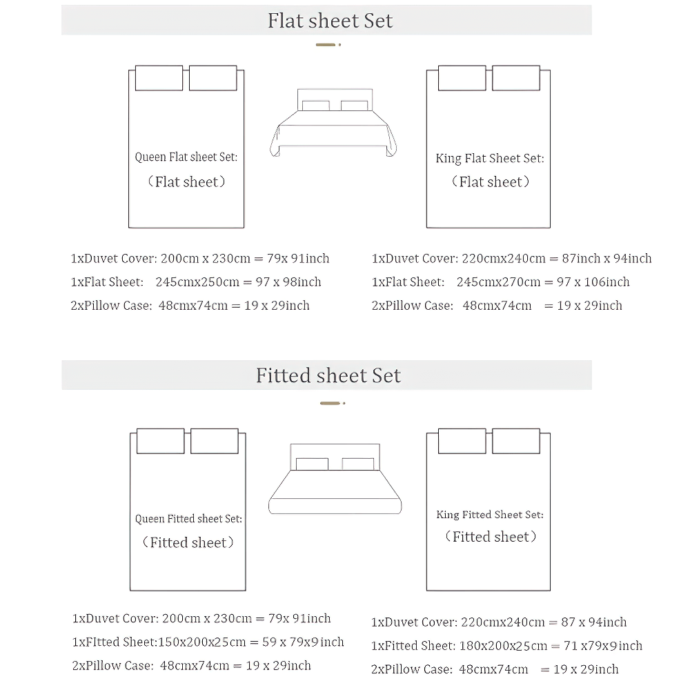 Elegant Egyptian Cotton Bedding Set with Marble Pattern sheet dimensions and details for flat and fitted sets.