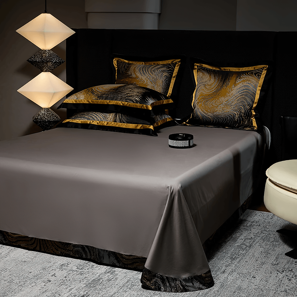 Elegant Egyptian Cotton Bedding Set with Marble Pattern styled with rich colors and brocade pillows.