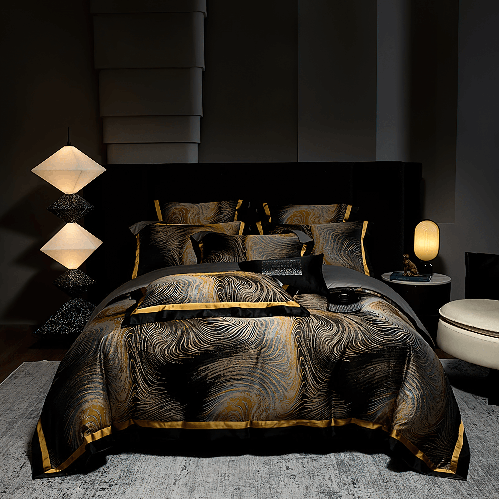 Elegant Egyptian Cotton Bedding Set with Marble Pattern showcased in a luxury bedroom setting with rich textures and colors.