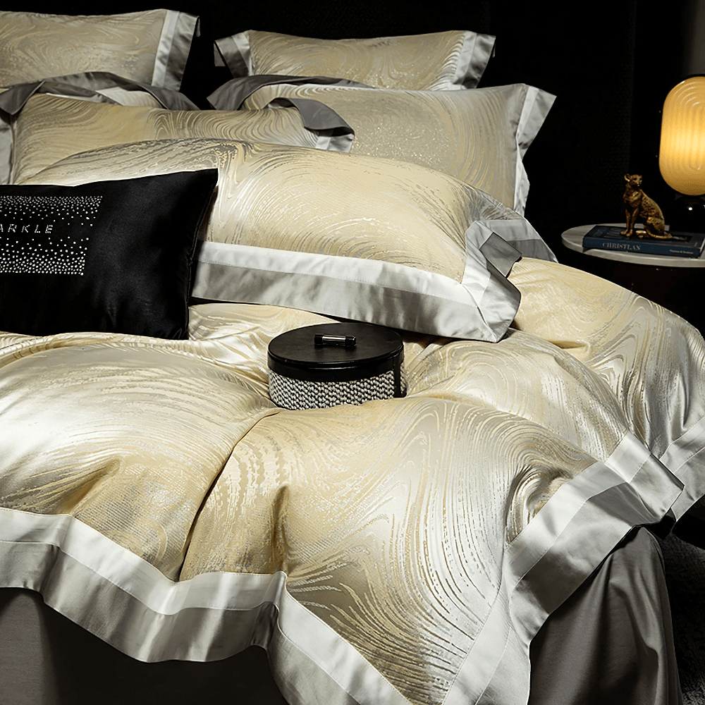 Elegant Egyptian Cotton Bedding Set with Marble Pattern featuring luxurious satin-look textures and dramatic brocade designs.