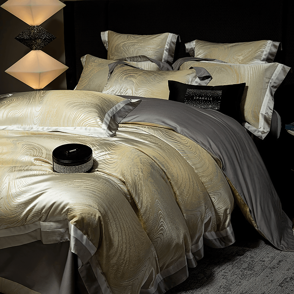 Elegant Egyptian Cotton Bedding Set with Marble Pattern featuring luxurious brocade design and satin-look borders.