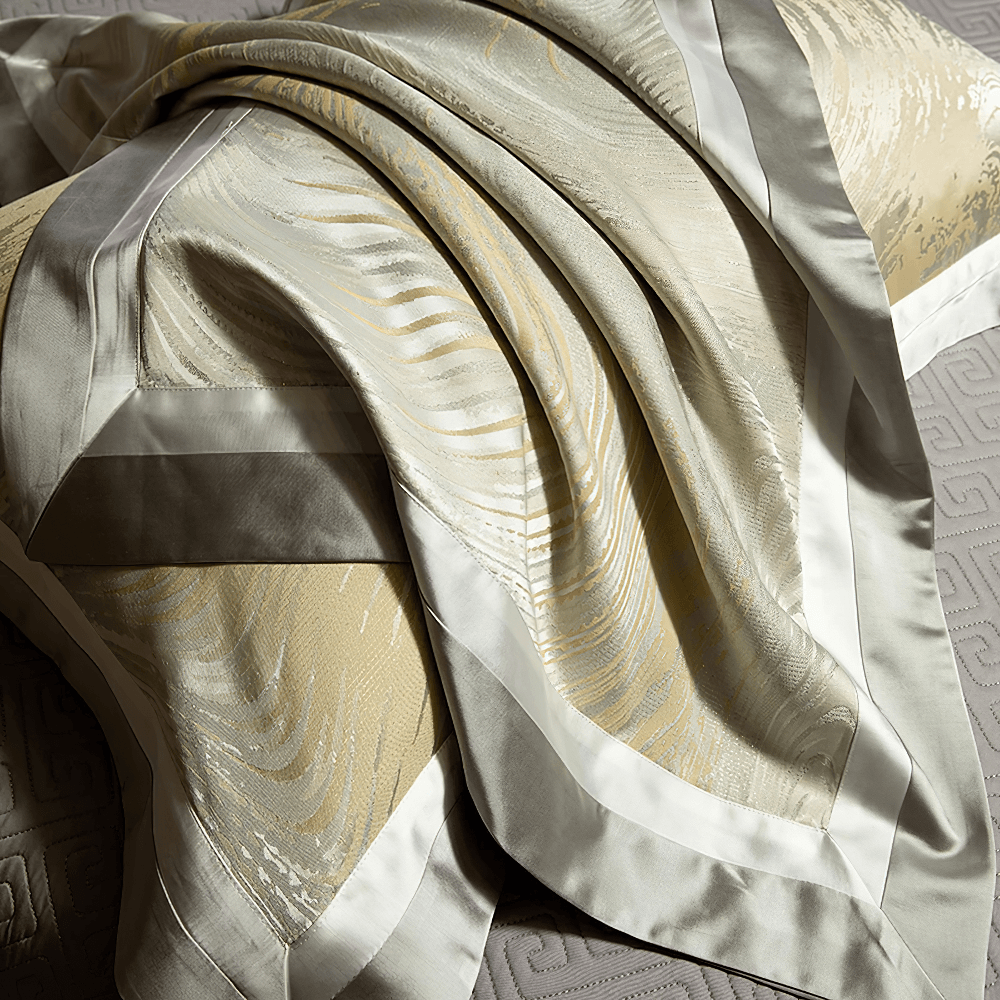 Elegant Egyptian Cotton Bedding Set with Marble Pattern featuring luxurious brocade and satin-look borders.
