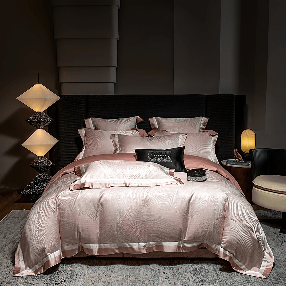 Elegant Egyptian Cotton Bedding Set with Marble Pattern in soft pink tones for a luxurious bedroom decor.