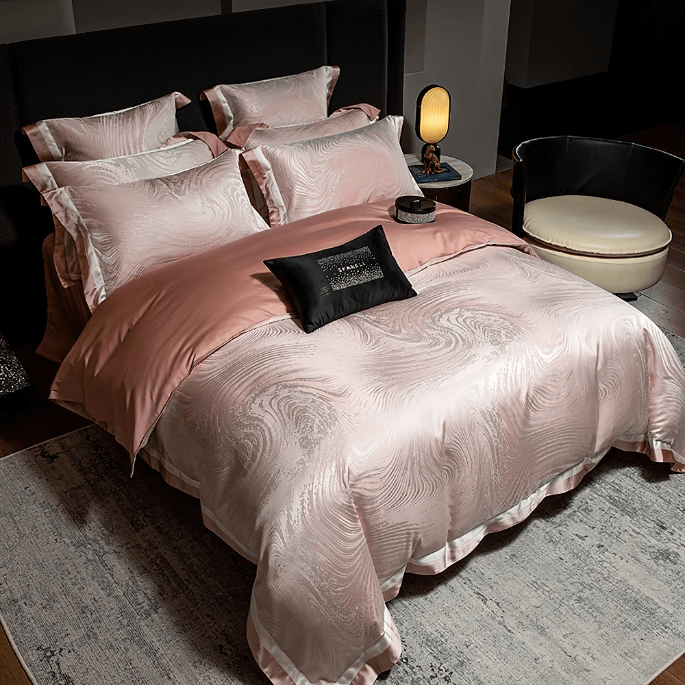 Elegant Egyptian Cotton Bedding Set with Marble Pattern in luxurious satin finish and stylish color scheme.
