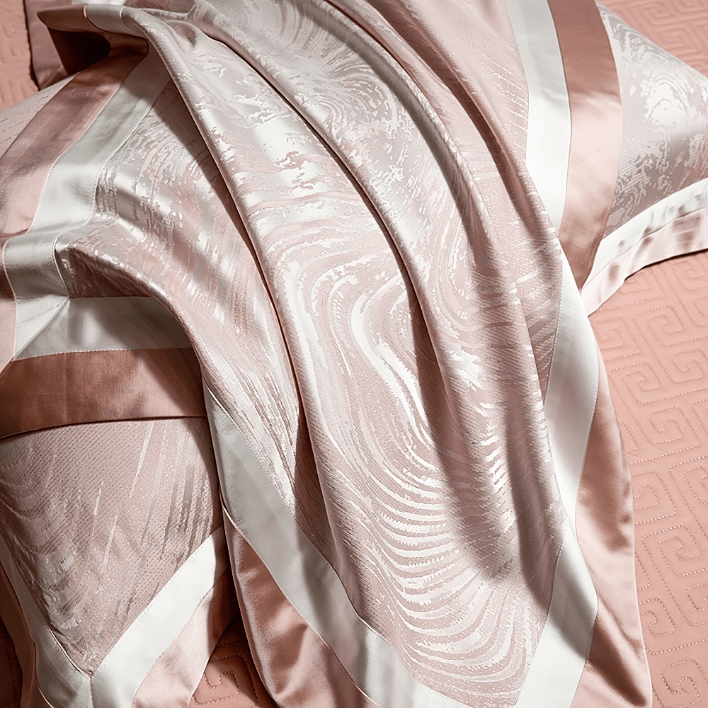 Elegant Egyptian Cotton Bedding Set with Marble Pattern showcasing luxurious pink satin and marble-inspired design.