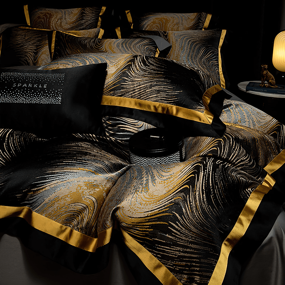 Elegant Egyptian Cotton Bedding Set with Marble Pattern in stunning black and gold design, featuring luxurious satin borders.