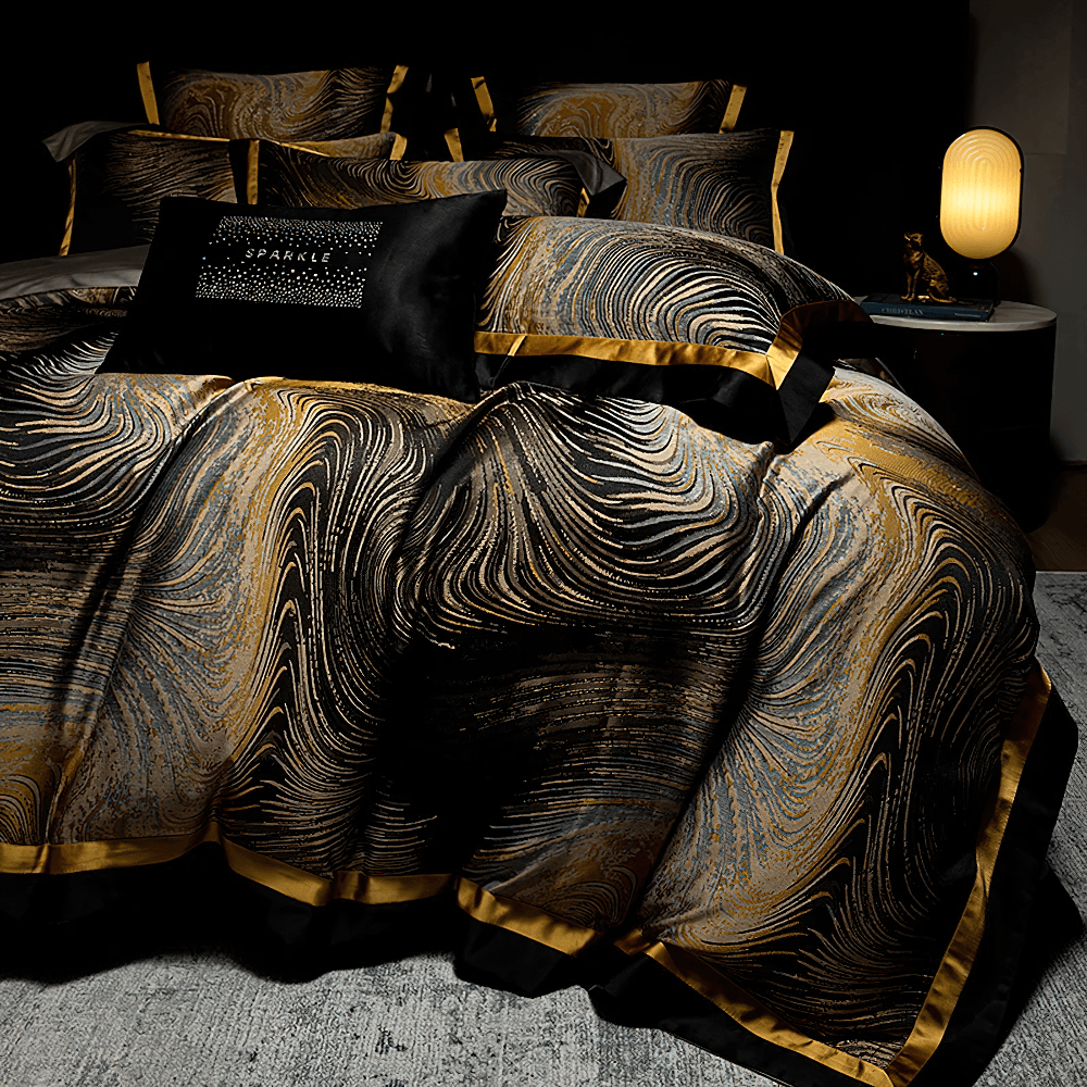 Elegant Egyptian Cotton Bedding Set with Marble Pattern showcasing a luxurious brocade duvet cover and silky textures.