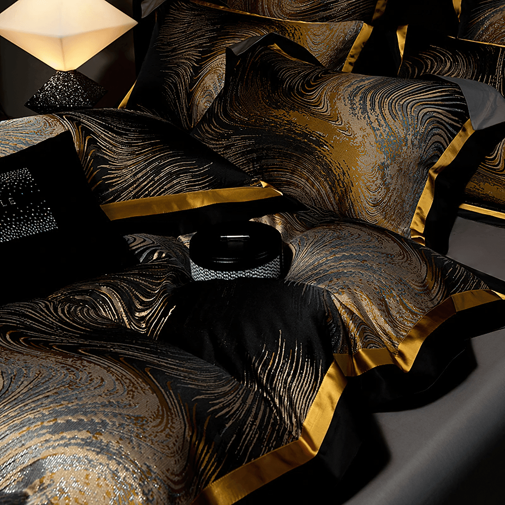 Elegant Egyptian Cotton Bedding Set with Marble Pattern featuring luxurious brocade and satin-look borders.