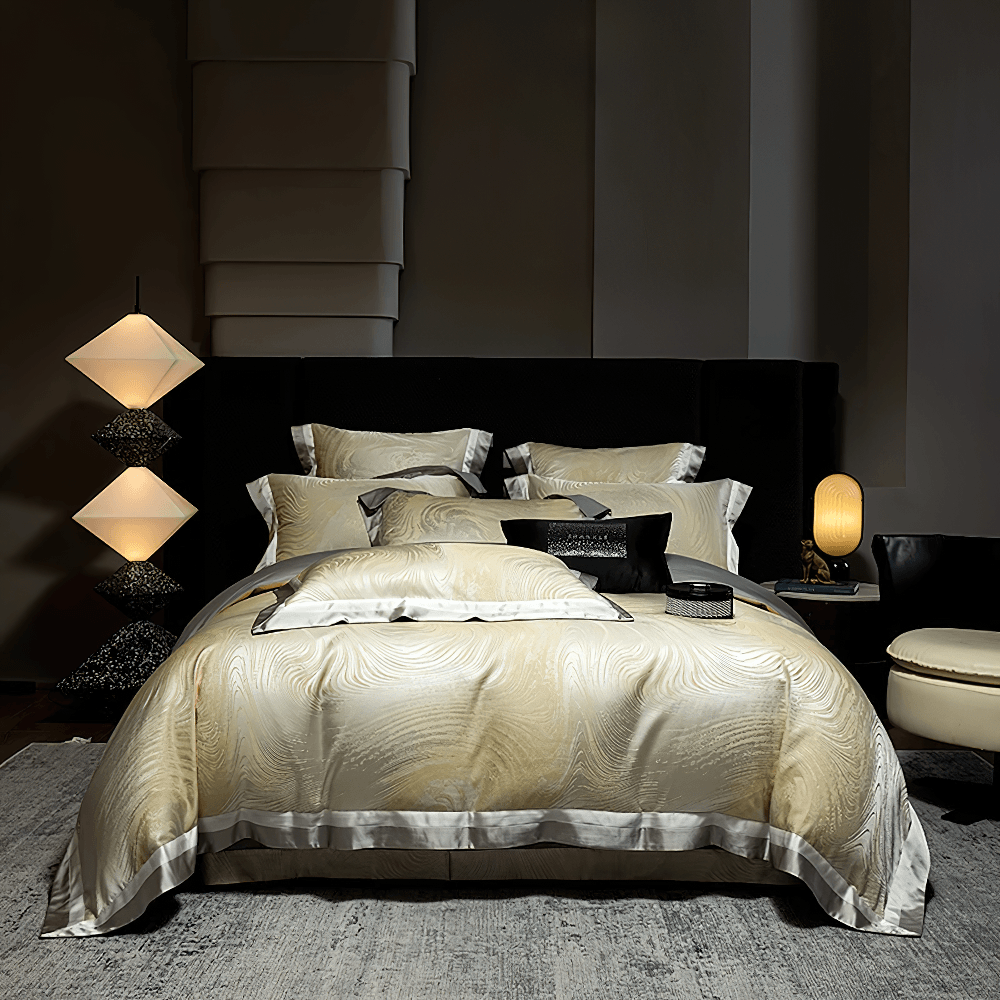 Elegant Egyptian Cotton Bedding Set with Marble Pattern displayed on a stylish bed with ambient lighting.
