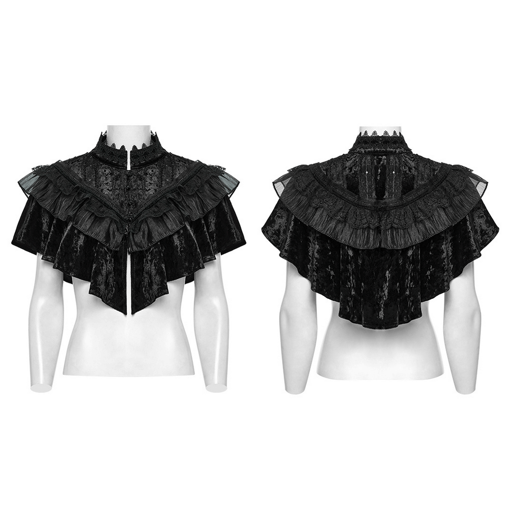 Elegant black velvet embroidered cape with retro lace design, showcasing dramatic ruffles and a striking silhouette.