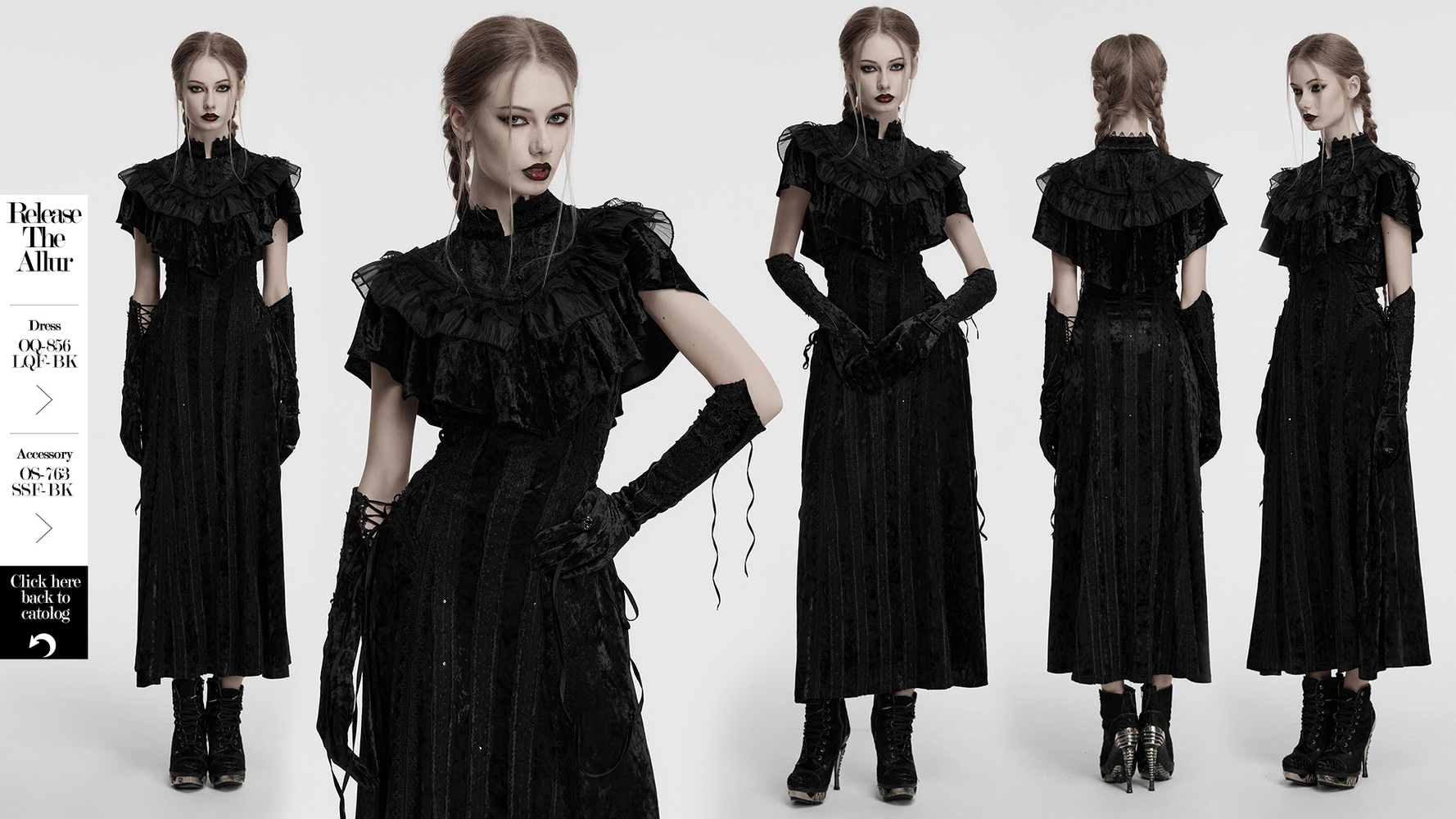 Elegant black gothic dress with ruffled collar and long sleeves, perfect for steampunk or Victorian-inspired looks.